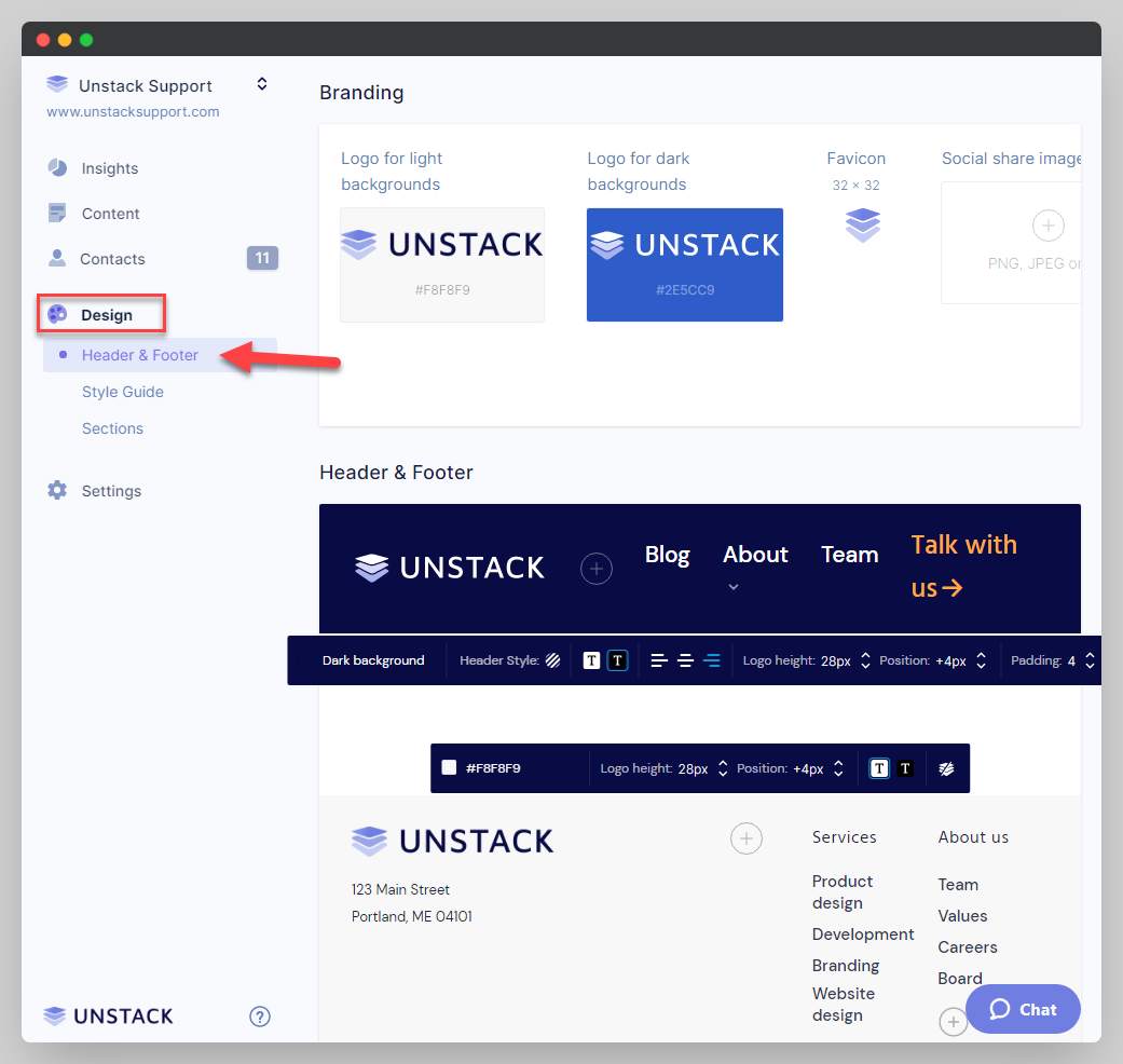 Header and Footer Settings